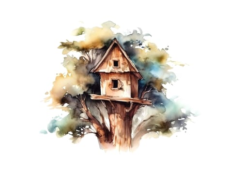 watercolor painting illustration of wooden birdhouse on a crown of the big Tree in pastel colors , generative AI