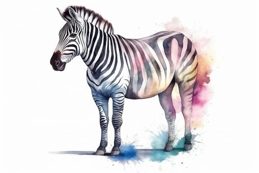 watercolor painting illustration of beautiful Wild zebra isolated on a white background , generative AI