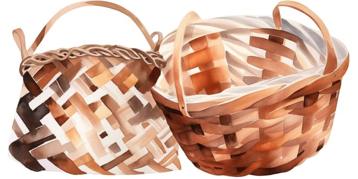 Watercolor Illustration In Boho Style Of Woven Baskets, Isolated On A White Background