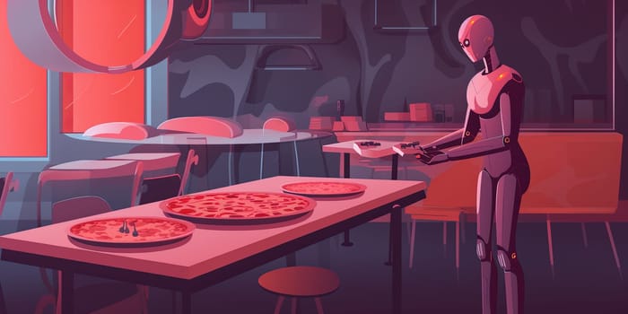 Illustration Of Android Robot With Big Pizzaz In Pizzeria