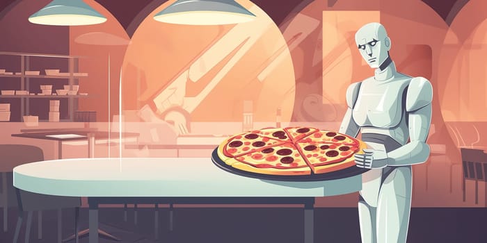 Illustration Of Android Robot Holding A Big Pizza In Pizzeria