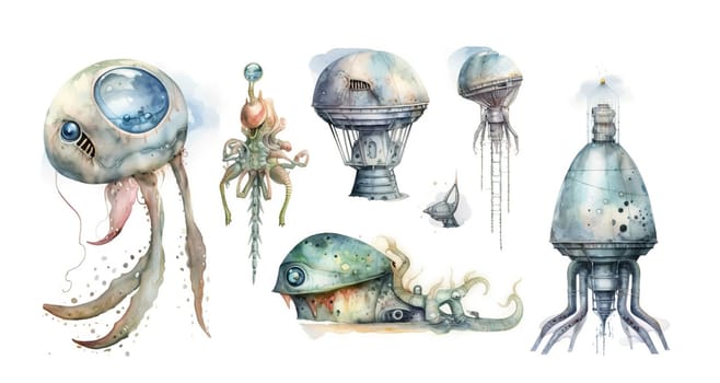 Collection Of Watercolor Sea Creatures From Another Planet