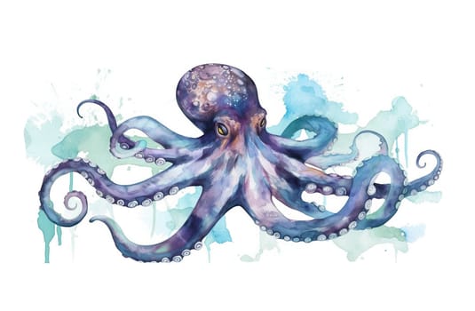 octopus painted in watercolor medium on a plain white background. The octopus is intricately detailed and showcases vibrant colors in a realistic style.