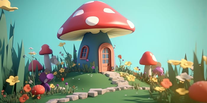 Magical House In Big Fairy Fly Agaric Mushroom , Illustration For Kids