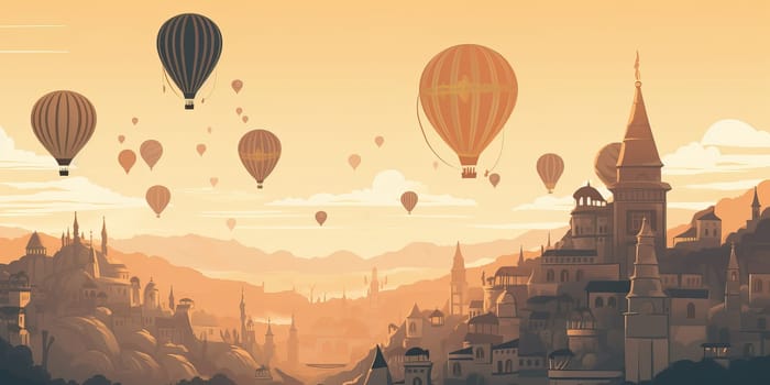 Magical Sunset View Of City In Mountains With Hot Air Balloons In The Sky