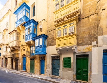 Valletta, Malta, April 03, 2024. view of the typical wooden balconies in the old buildings in the city center