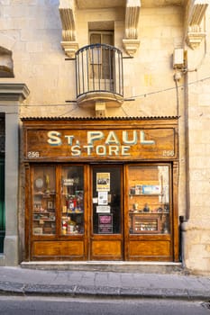 Valletta, Malta, April 03, 2024.  Exterior view of  an old typical shop in the city center