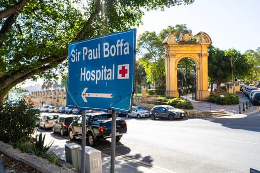 Valletta, Malta, April 03, 2024.  View of the Sir Paul Boffa Hospital sign in the city center