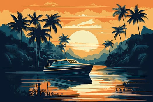 Illustration Of A Luxury Boat In A Tropical Bay During A Calm Sunset