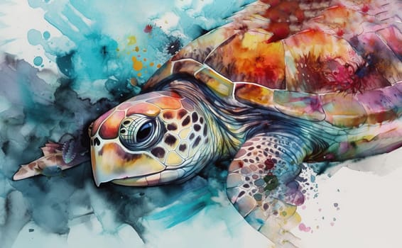 A detailed watercolor painting capturing the graceful movement of a majestic sea turtle swimming through the ocean. The vibrant colors and intricate details bring this magnificent creature to life.