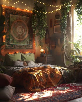 A cozy bedroom in a house with a comfortable bed, plush rug, green plants, and a beautiful tapestry hanging on the wall. Perfect for a relaxing living room or event space