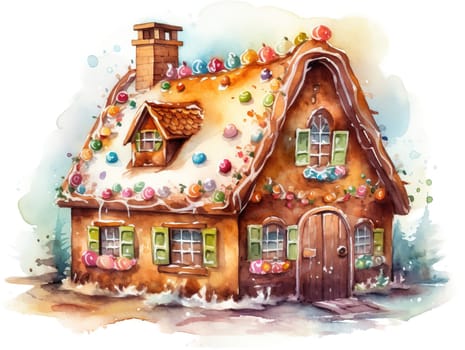 Watercolor Gingerbread Holiday House, Isolated On A White Background, Presents A Festive Image