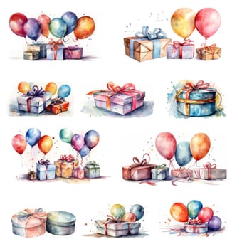 Watercolor Illustration Set Of Gift Boxes With Balls, Isolated On White Background