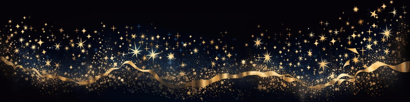 Abstract Panoramic Background Christmas Golden Stars And Ribbons , Pattern For Holyday Design