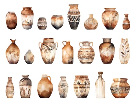 Watercolor Illustration In Boho Style Set Of Clay Pots, Isolated On White Background