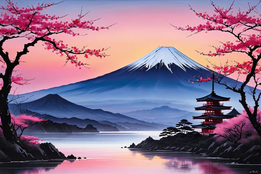 Serene landscape with mountain, pagoda in background. For meditation apps, on covers of books about spiritual growth, in designs for yoga studios, spa salons, illustration for articles on inner peace