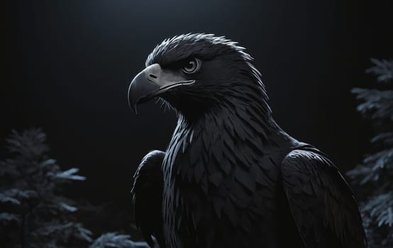 A majestic black eagle, a member of the Accipitridae family and Falconiformes order, is perched in the dark, staring directly at the camera with its sharp beak and intense gaze