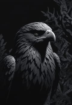 A majestic black eagle, a member of the Accipitridae family and Falconiformes order, is perched in the dark, staring directly at the camera with its sharp beak and intense gaze