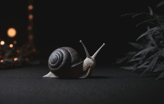 A snail is slowly crawling on a dark asphalt road surface illuminated by automotive lighting, its snout barely visible in the darkness