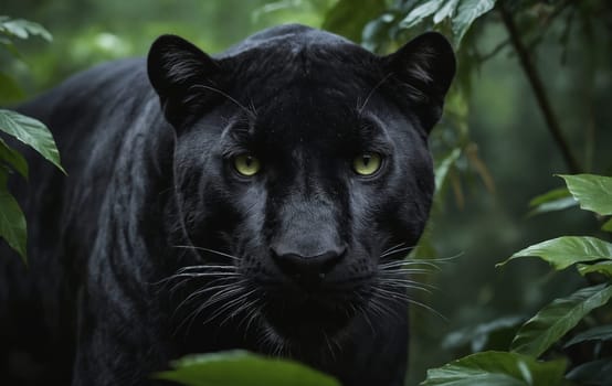A carnivorous felidae with whiskers, a black panther, is eyeing the camera in the jungle. This big cat is standing among grass and trees