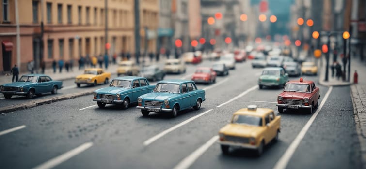 A line of vehicles travels along an asphalt road in the city, with buildings lining the street. The cars wheels and tires roll smoothly on the pavement