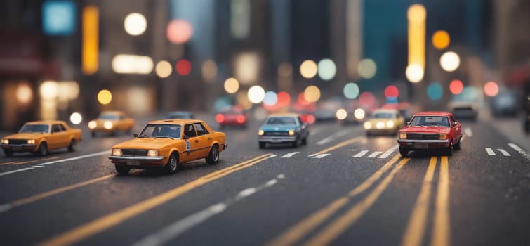 A convoy of toy vehicles drive down the asphalt street in the city, passing by buildings with their automotive lighting shining in the metropolitan area