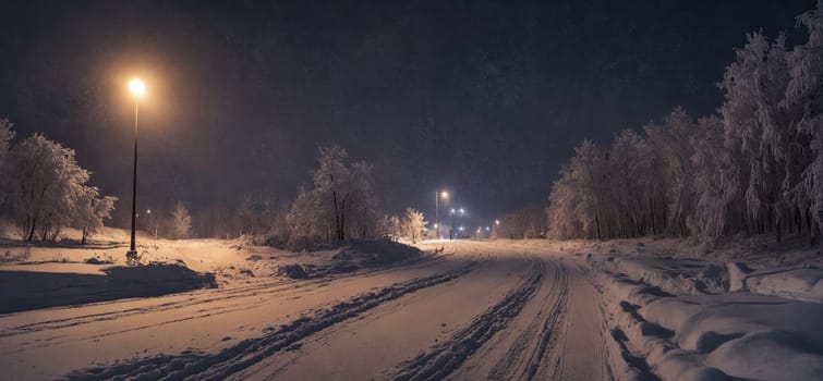 A freezing snowy road at midnight with a street light illuminating the dark landscape, creating a mesmerizing geological phenomenon in the sky