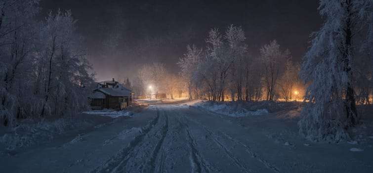 A freezing snowy road at night, with trees silhouetted against the dark sky. The atmospheric phenomenon creates a mysterious and enchanting landscape