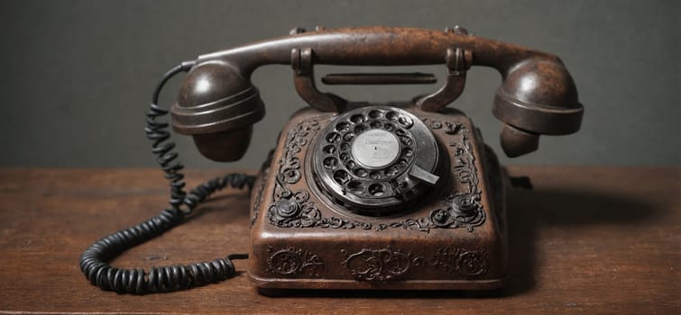 A vintage corded telephone rests on a wooden table, reminiscent of old telephony technology. The metal machine resembles office equipment from a bygone era