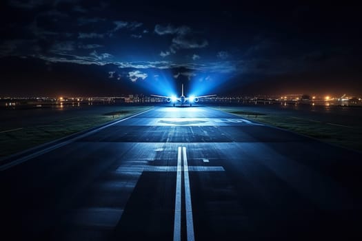 Silhouette of an airplane on the runway at night in bright blue rays of light.
