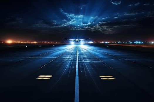 Bright neon headlights on the runway at night.