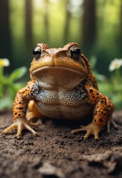 A closeup of a true frog, a terrestrial animal and amphibian, sitting on the ground in its natural habitat within nature. The organism is surrounded by plants
