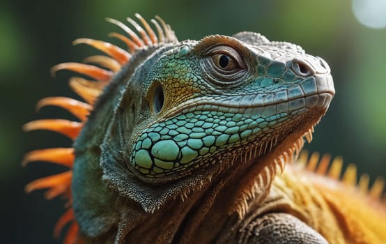 A closeup of an Iguanas face, a reptilian organism of the family Iguanidae. This scaled terrestrial animal showcases vibrant green and orange hues in a macro photography shot of wildlife