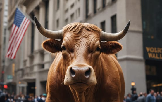 A majestic bull with long horns, a working animal, stands in front of a building with an American flag, showcasing the beauty of this terrestrial animal during an event