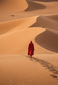 A person is strolling down an aeolian landform in the desert, surrounded by a vast landscape with a clear horizon under the vast sky