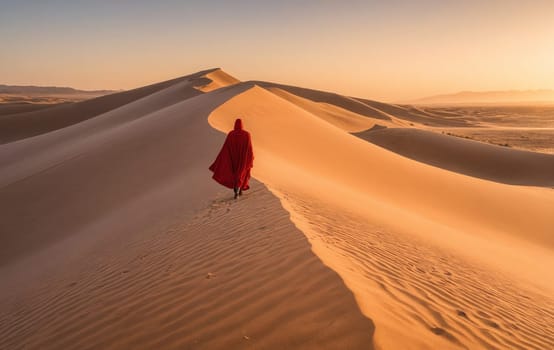 A person cloaked in a red robe walks through the vast Namib desert, evoking a sense of isolation.