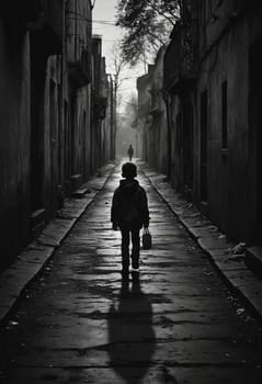 A monochromatic image captures a young boy strolling down a historic cobblestone alley, surrounded by tall buildings, trees, and a clear sky