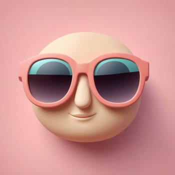 A cartoon face with sunglasses over its eyes on a vibrant pink background, showcasing eye glass accessory and vision care