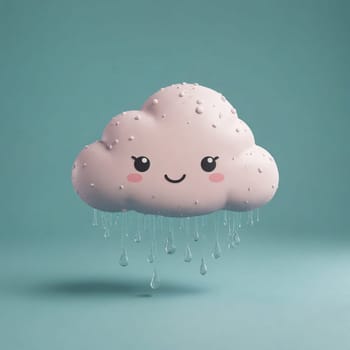 A liquid pink cloud with a smiling snout and rain drops, depicted in art style with water as sweet as a comfort food. This fashion accessory in the sky is a still life photography subject