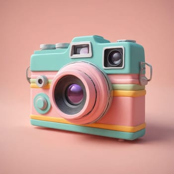 A digital camera with a pink and green design, featuring a purple lens, set against a pink background. This camera accessory is compact and perfect for pointandshoot photography