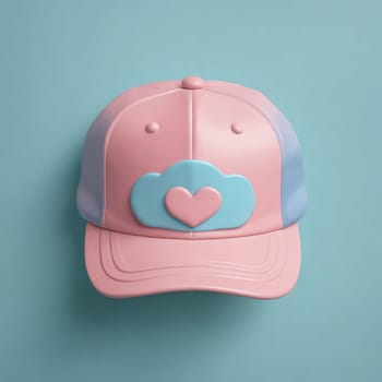 A cap in pink with a cute cloud and heart design, matched with a similarly colored surface.