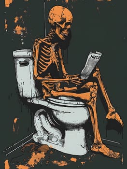 An artist, sitting on a toilet, reads a book while sketching a new painting. The musicians creativity flows as he blends visual arts with music, creating a masterpiece