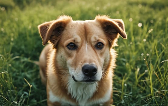 A herding dog, a type of companion dog and working animal, is laying in the grass, a terrestrial plant, and looking at the camera in a natural landscape