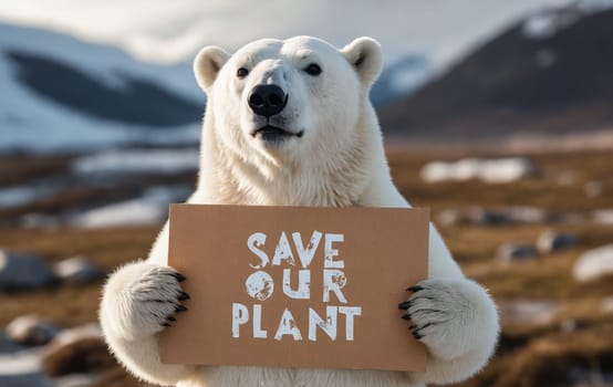 Polar bear with carnivorous tendencies holds a handwritten sign that reads Save Our Planet with font made out of fur, advocating for wildlife preservation