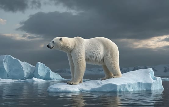 A carnivorous polar bear is standing on a large chunk of ice in the liquid water of the polar ice cap, surrounded by the natural landscape of snowcovered terrain