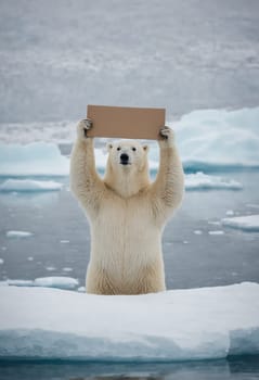A carnivore polar bear holds a cardboard sign under the sky on the polar ice cap, seeking liquid to drink from the Arctic ocean