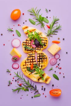 A grilled chicken breast with a colorful array of vegetables, plated beautifully on a purple dishware. The vibrant orange hues of the dish make it visually appealing