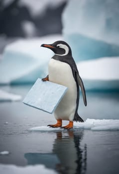 A flightless bird, the penguin, stands on a piece of ice, holding a cardboard box. The Antarctic atmosphere is freezing with snow and water surrounding the terrestrial animal