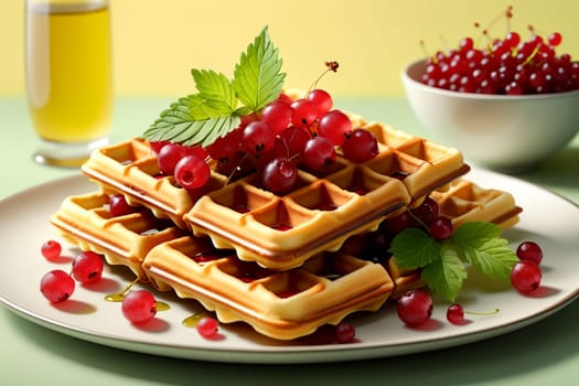 Viennese waffles with ripe red currants in a plate isolated on a yellow background .