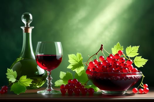 ripe red currant wine in a glass isolated on a green background .